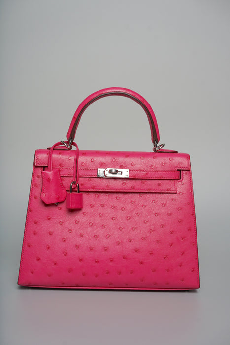 Hermes Kelly 25 in Rose Tyrien Ostrich Phw