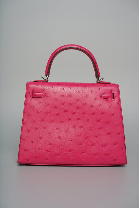 Hermes Kelly 25 in Rose Tyrien Ostrich Phw