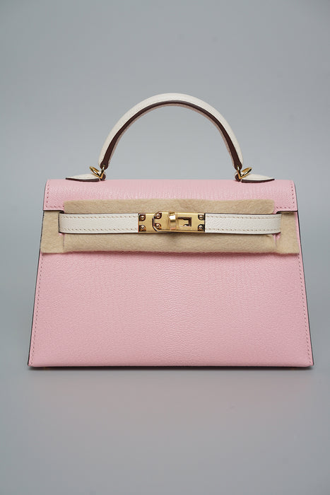 Hermes Kelly 20 Chevre in Rose Sakura/Nata Permabrass (Brand New)