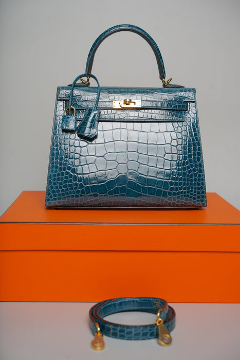 Hermes Kelly 25 in Vert Bosphore Shiny Alligator Ghw (Brand New)