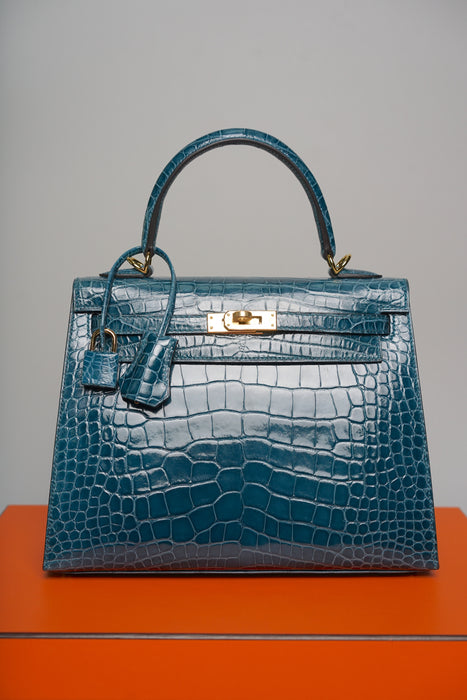 Hermes Kelly 25 in Vert Bosphore Shiny Alligator Ghw (Brand New)
