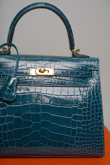 Hermes Kelly 25 in Vert Bosphore Shiny Alligator Ghw (Brand New)