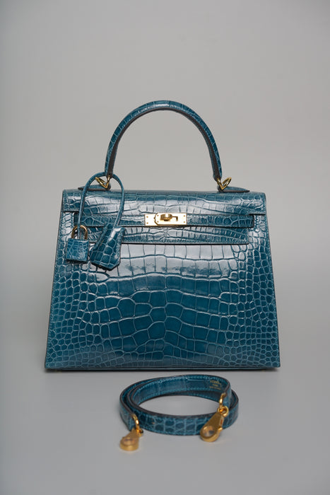 Hermes Kelly 25 in Vert Bosphore Shiny Alligator Ghw (Brand New)