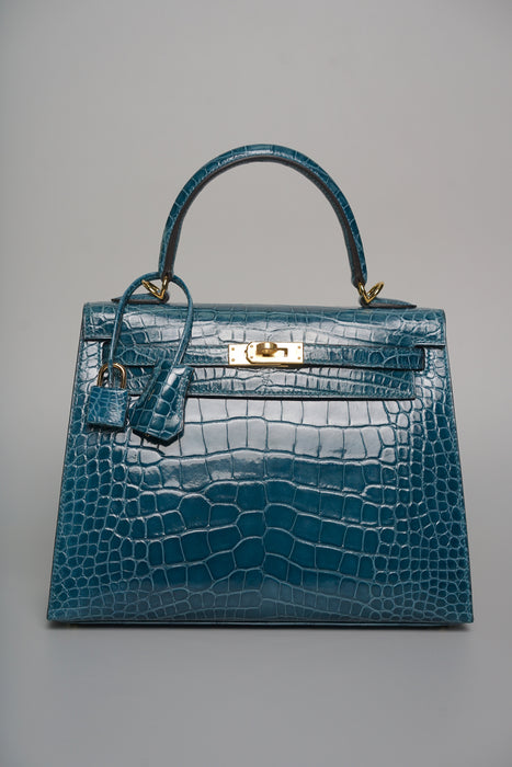 Hermes Kelly 25 in Vert Bosphore Shiny Alligator Ghw (Brand New)