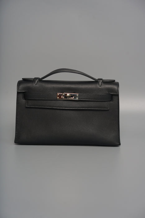 Hermes Kelly Pochette in Black Evercalf Phw