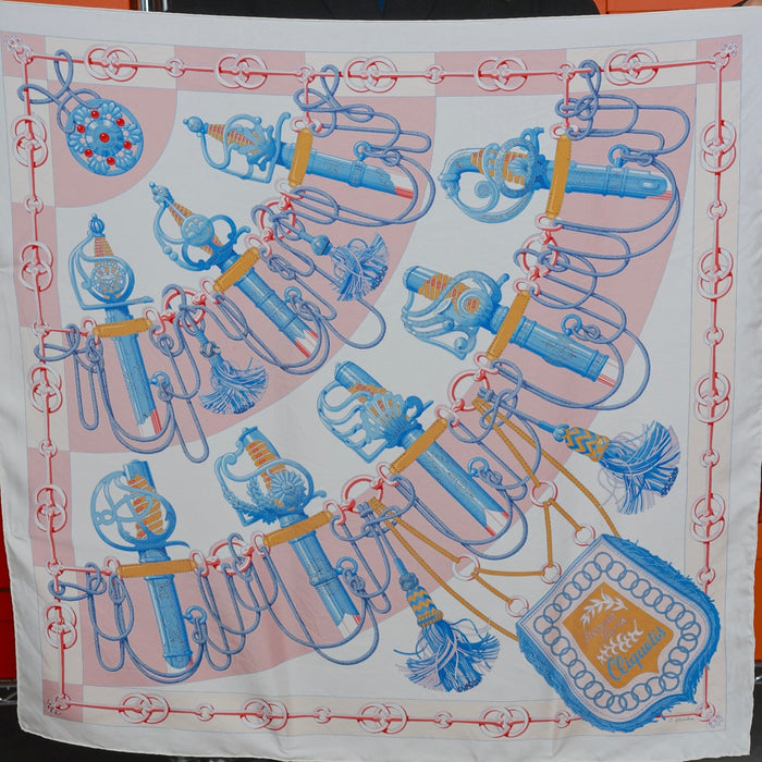 Hermes Cliquetis Silk Scarf 90 in White Rose Poudre Bleu