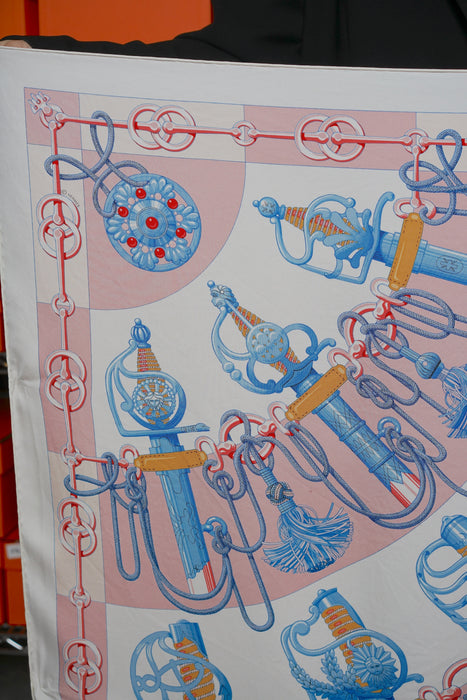 Hermes Cliquetis Silk Scarf 90 in White Rose Poudre Bleu