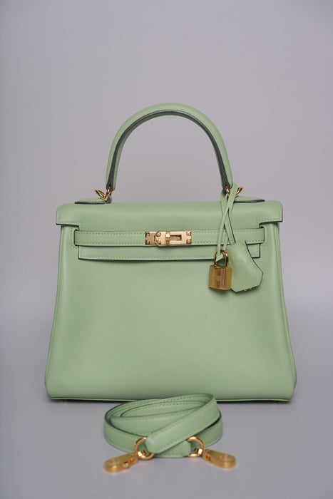 Hermes Kelly 25 in Vert Criquet Swift Ghw (Brand New)