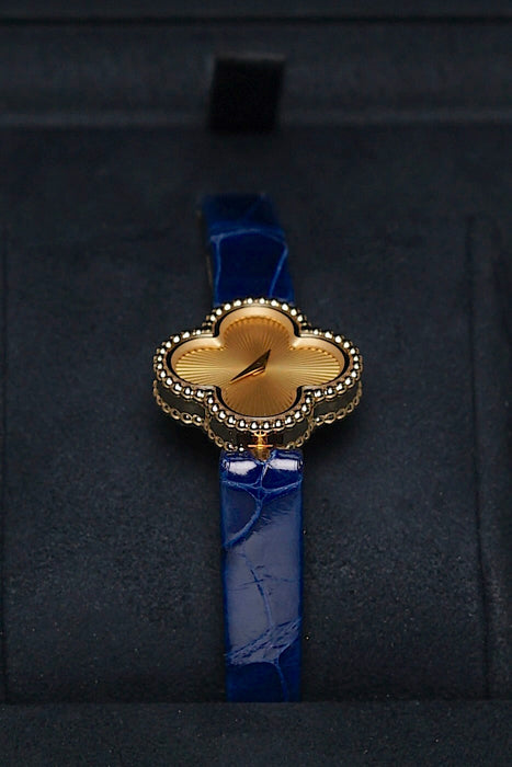 VCA Sweet Alhambra Blue Alligator Watch in Yellow Gold (Brand New)