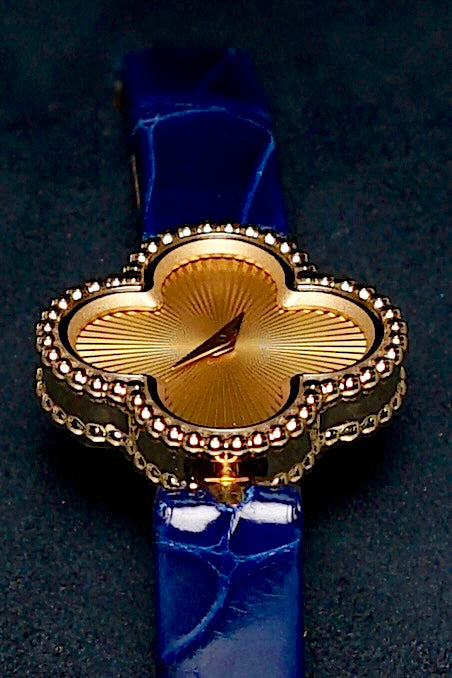 VCA Sweet Alhambra Blue Alligator Watch in Yellow Gold (Brand New)