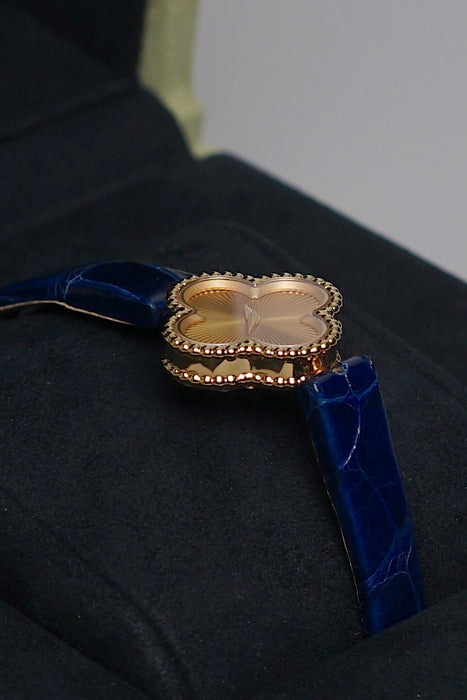 VCA Sweet Alhambra Blue Alligator Watch in Yellow Gold (Brand New)