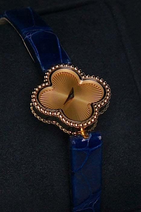 VCA Sweet Alhambra Blue Alligator Watch in Yellow Gold (Brand New)