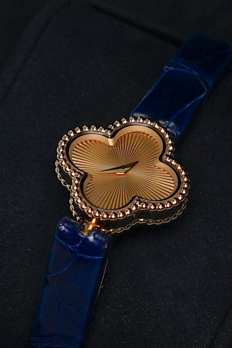 VCA Sweet Alhambra Blue Alligator Watch in Yellow Gold (Brand New)