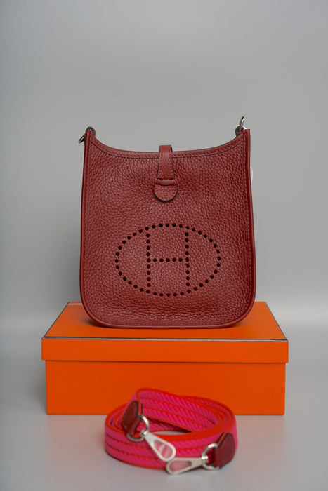 Hermes Mini Evelyne 16 in Rouge H/Orange field/Rose Tyrien Straps Phw (Brand New)