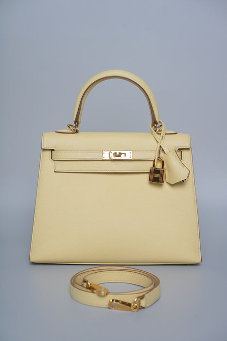 Hermes Kelly 25 in Jaune Poussin Epsom Ghw