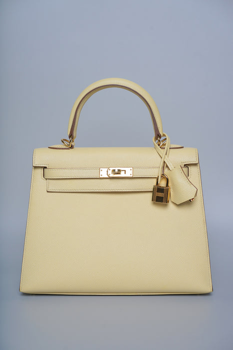 Hermes Kelly 25 in Jaune Poussin Epsom Ghw