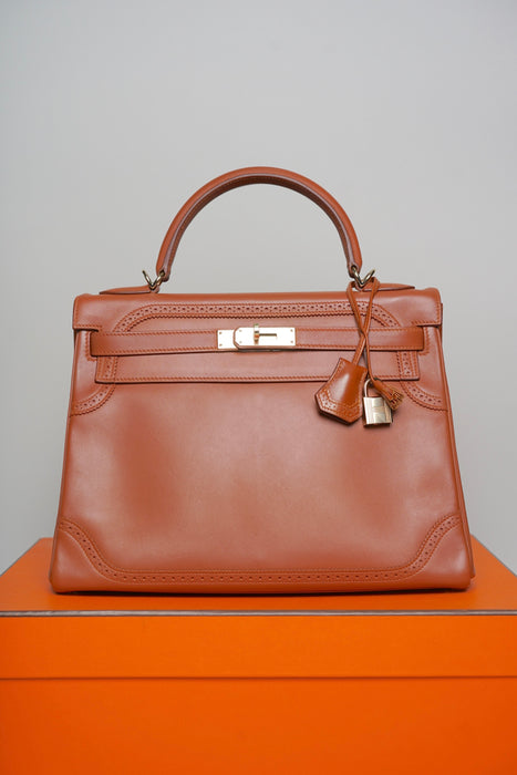 Hermes Kelly 32 in Ghillies Fauve Tadelakt Permabrass