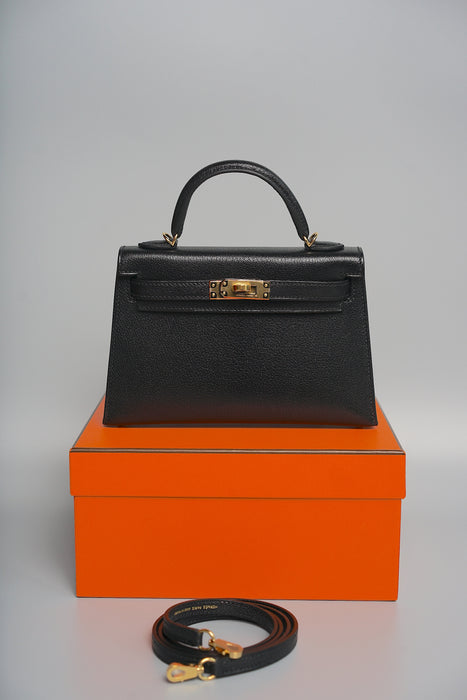 Hermes Kelly 20 in Black Chevre Chamkila Ghw (Brand New)