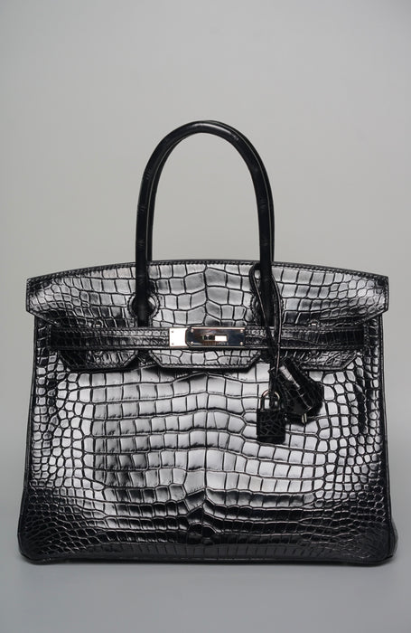 Hermes Birkin 30 in Black Shiny Porosus Phw