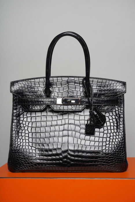 Hermes Birkin 30 in Black Shiny Porosus Phw