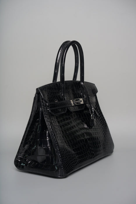 Hermes Birkin 30 in Black Shiny Porosus Phw
