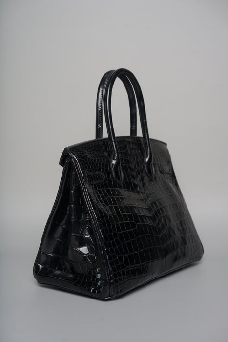 Hermes Birkin 30 in Black Shiny Porosus Phw