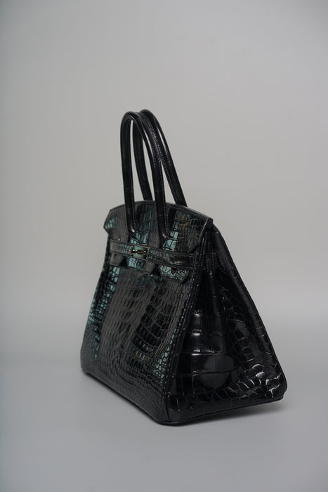 Hermes Birkin 30 in Black Shiny Porosus Phw