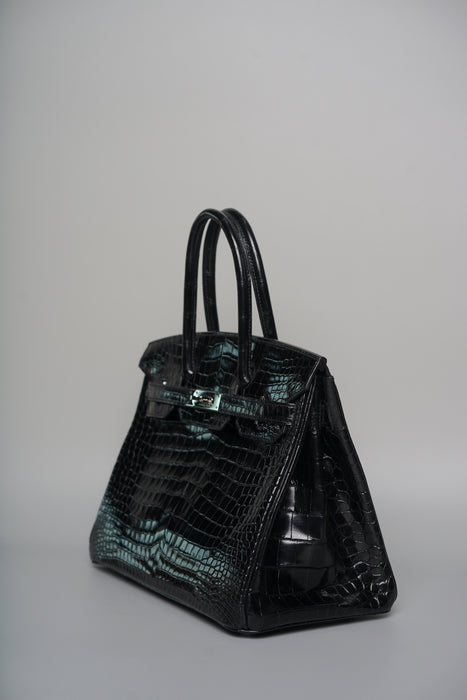 Hermes Birkin 30 in Black Shiny Porosus Phw