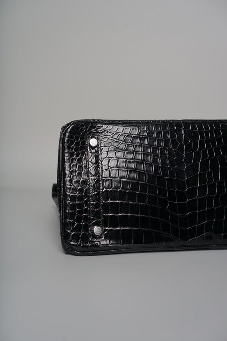 Hermes Birkin 30 in Black Shiny Porosus Phw