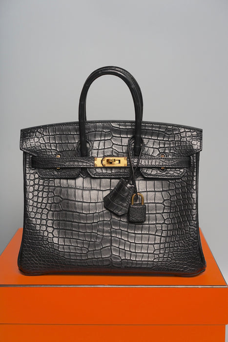 Hermes Birkin 25 in Black Matte Porosus Ghw