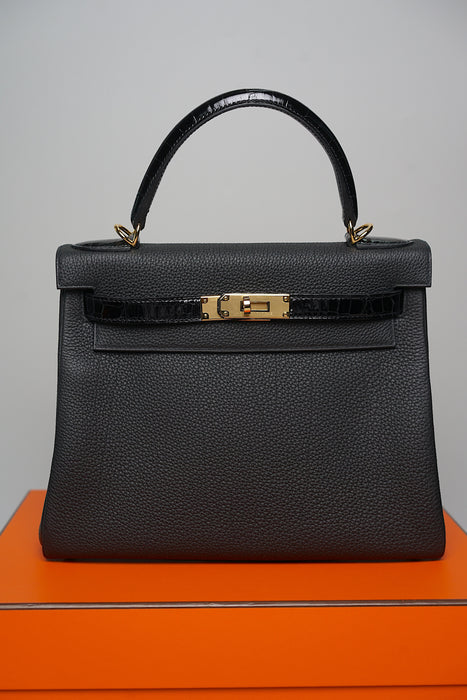Hermes Kelly 28 Touch in Noir Shiny Alligator/Togo Ghw (Brand New)