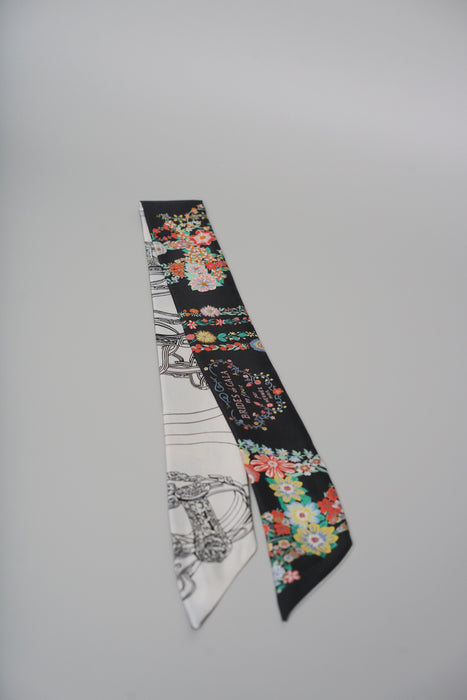 Hermes "Brides de Gala en Fleurs" Silk Twilly in Black/Multicolor White (Brand New)
