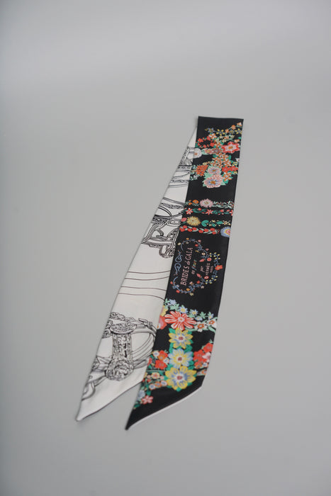 Hermes "Brides de Gala en Fleurs" Silk Twilly in Black/Multicolor White (Brand New)
