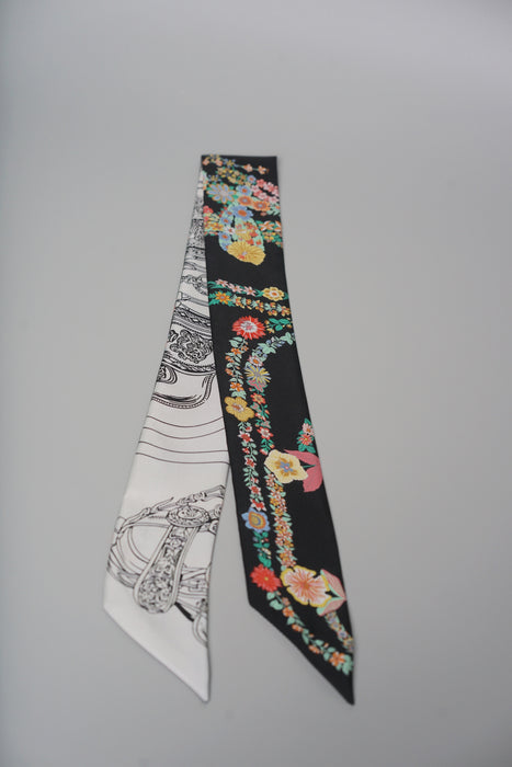 Hermes "Brides de Gala en Fleurs" Silk Twilly in Black/Multicolor White (Brand New)