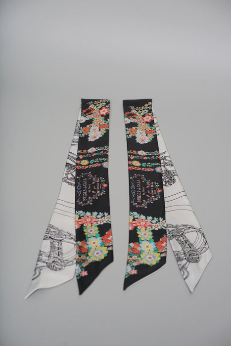 Hermes "Brides de Gala en Fleurs" Silk Twilly in Black/Multicolor White (Brand New)