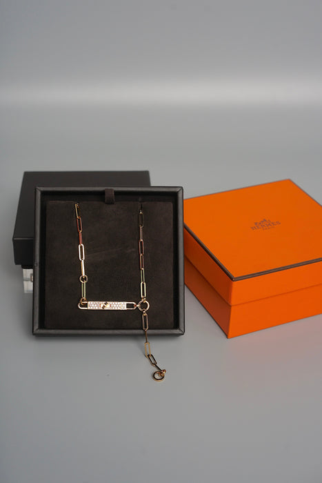 Hermes Kelly Chaine Lariat Necklace, Small Model in 18K Rose Gold with Pave Diamonds, Size ST (Brand New)