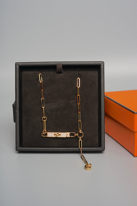 Hermes Kelly Chaine Lariat Necklace, Small Model in 18K Rose Gold with Pave Diamonds, Size ST (Brand New)