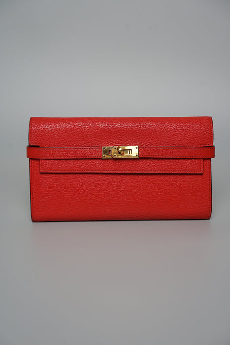 Hermes Kelly Wallet in Rouge Tomate Chevre Ghw