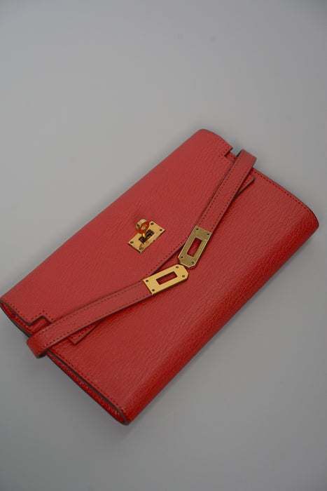 Hermes Kelly Wallet in Rouge Tomate Chevre Ghw