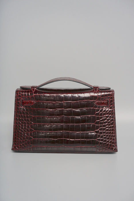 Hermes Kelly Pochette in Bordeaux Shiny Alligator Permabrass