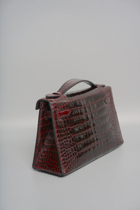 Hermes Kelly Pochette in Bordeaux Shiny Alligator Permabrass