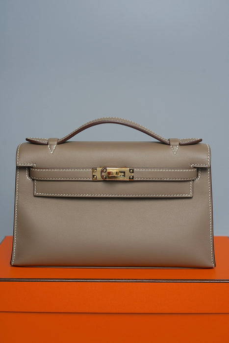 Hermes Kelly Pochette in Etoupe Swift Ghw (Brand New)