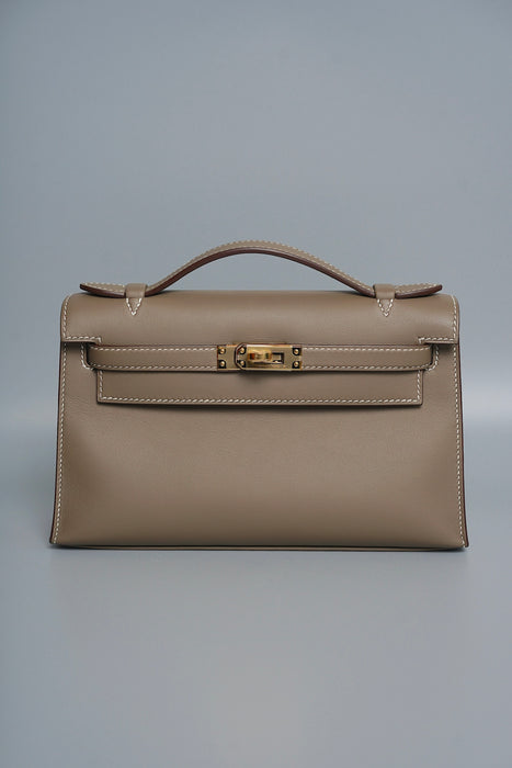 Hermes Kelly Pochette in Etoupe Swift Ghw (Brand New)