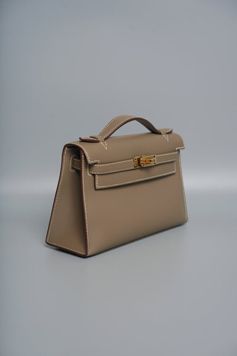 Hermes Kelly Pochette in Etoupe Swift Ghw (Brand New)