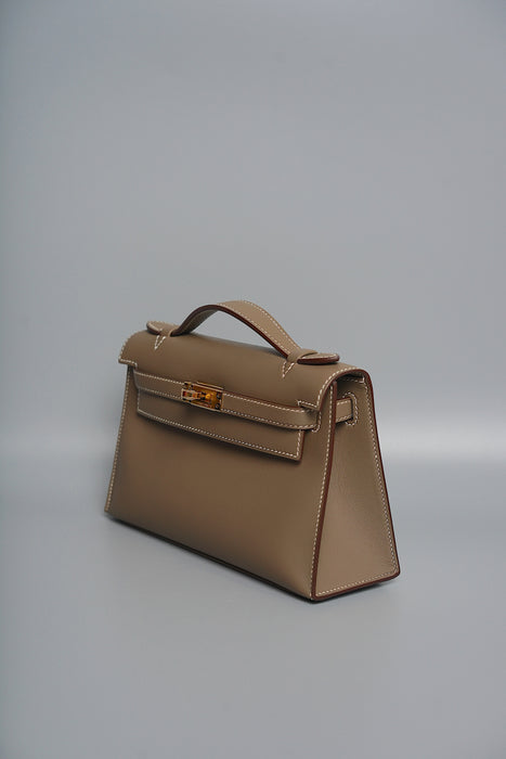 Hermes Kelly Pochette in Etoupe Swift Ghw (Brand New)