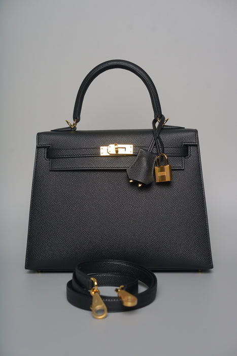 Hermes Kelly 25 in Black Epsom Ghw (Brand New)