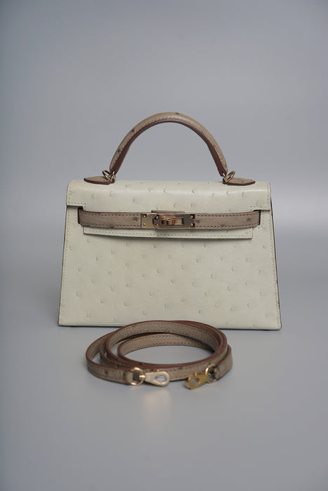 Hermes Kelly 20 in Gris Perle x Gris T Ostrich Pmb (Brand New)