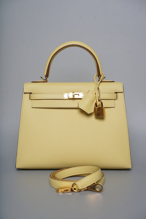 Hermes Kelly 25 in Jaune Poussin Epsom Ghw