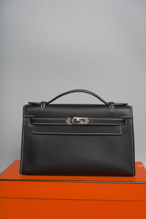 Hermes Kelly Pochette HSS in Black Interior Bordeaux Phw with White Stitching (Brand New)