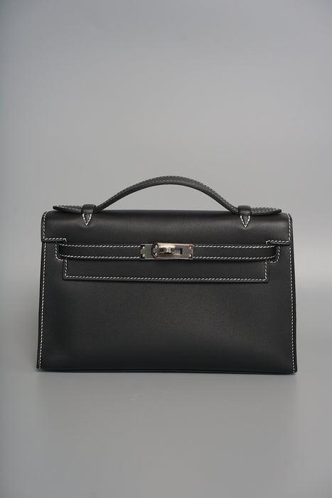 Hermes Kelly Pochette HSS in Black Interior Bordeaux Phw with White Stitching (Brand New)